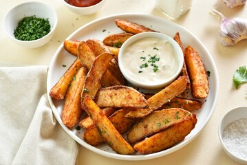 Oven baked potato wedges with sauce