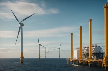 Fototapeta premium Offshore oil and gas production petroleum pipeline and wind turbine in the sea.