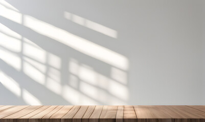 Wooden table and sunlit wall, product mockup template