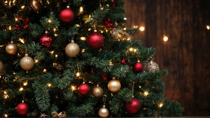 Image of a green Christmas tree for the background, full color, beautiful, impressive with red and gold ball decorations at night with burning candles in a wooden house
