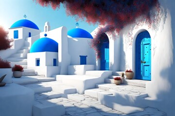 Scenic view of traditional cycladic white house and blue domes in  village. - obrazy, fototapety, plakaty