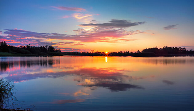 A picture capturing a lively sunset above a tranquil lake, where the water reflects a spectrum of vibrant colors © Tatiana