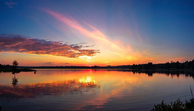 An image of a vibrant sunset over a serene lake, with colorful reflections shimmering on the water