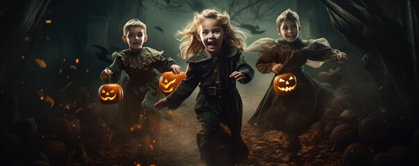 Fototapeta premium Children in scary halloween costumes with halloween pumpkins. Halloween concept. Halloween backgorund.