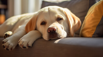 Labrador dog sleeping on the couch at home