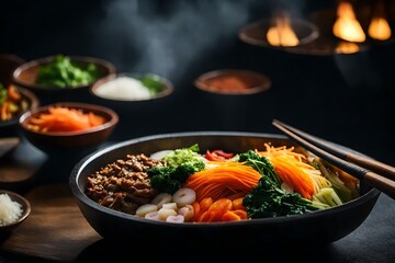 The camera is moving closer to Bibimbap, a famous and tasty Korean dish. Sometimes, it can be difficult to understand what is happening behind something.. AI Generated