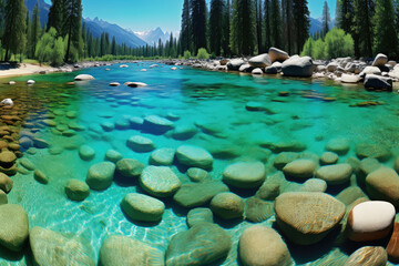 The majestic Yosemite Valley in California, USA, with its towering granite cliffs, cascading waterfalls, and lush green meadows. The combination of natural elements creates a breathtaking landscape th