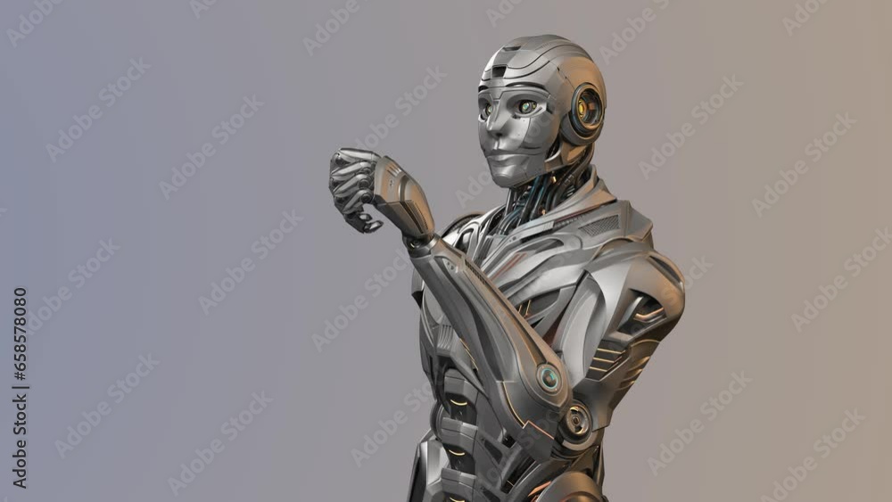 Poster very detailed futuristic robot man or humanoid cyborg looking at his arms. upper body isolated on co