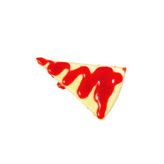 A piece of triangular cheesecake with strawberry jam on top on a transparent background. PNG. View from above.