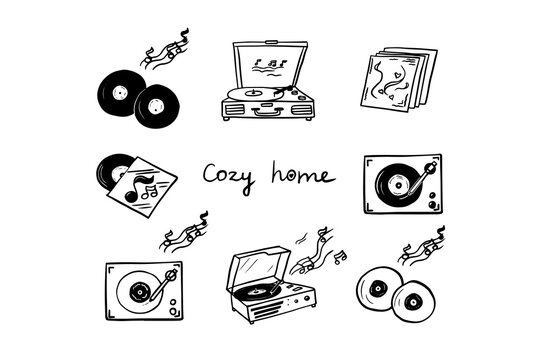 Cute set of vinyl records and record player. Cozy home, music, notes. Vector illustration for design, greeting card, interior design. Hand drawn. Isolated on white