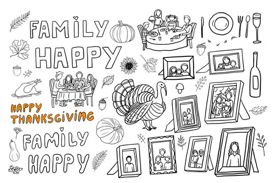 Cute set of thanksgiving day. Happy family, family having dinner, framed family photo, picture frames with family portraits, turkey, framed sketches of family members, leaves, pumpkin. Hand drawn