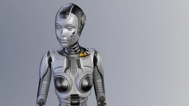 Detailed futuristic robot woman or cyber humanoid girl playing with a butterfly creating a contact with nature. Upper body isolated on grey or color background. 3d rendering animation with alpha