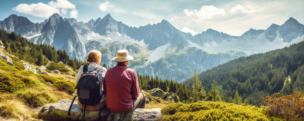 Happy senior couple enjoying their time together on the vacation in mountains. They are hiking. Active retirement concept - obrazy, fototapety, plakaty