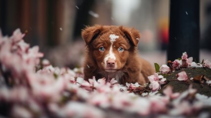 dog with flower, cherry blossom journey.