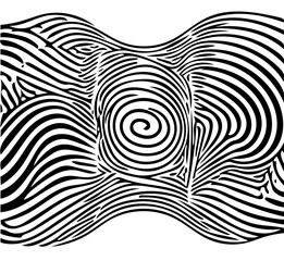 Black and white illustration of psychic waves, spiral pattern, zebra lines, illusion art