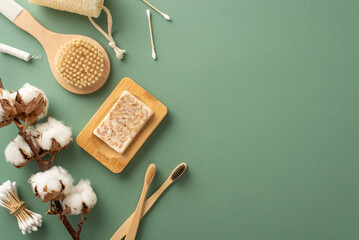 Green Living Collection: Top view of eco products like bamboo toothbrushes, wooden massage brush, buds, dental floss, cotton plant and handmade soap on a serene green background for your promotion - obrazy, fototapety, plakaty