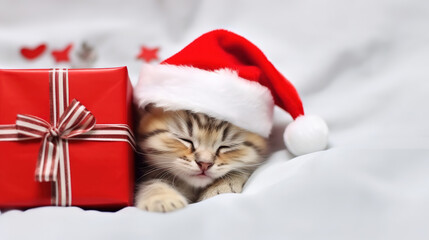 Cute orange kitten with gift box wearing a red Santa's hat sleeps. Top down view