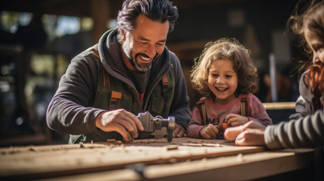 father and kids working with wood in a wood workshop 