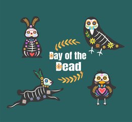 Day of the dead, Dia de los muertos, animals skulls and skeleton decorated with colorful Mexican elements and flowers. 