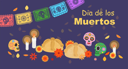 Day of the dead, Dia de los muertos. Fiesta, Halloween holiday poster, party flyer, funny greeting card.