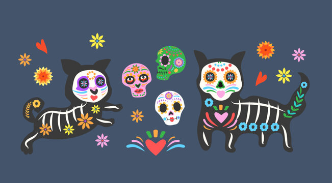 Day of the dead, Dia de los muertos, animals skulls and skeleton decorated with colorful Mexican elements and flowers. 