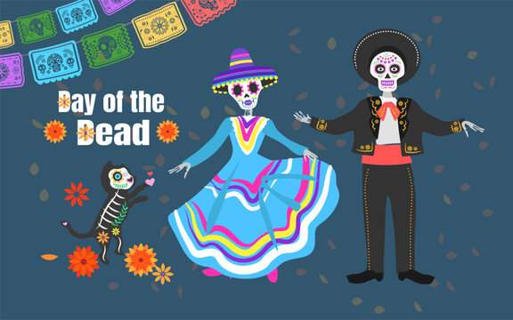 Dancing skeletons. Dead day party, sugar skull or halloween holiday. Traditional mexican music festival. © 湘琪 陳