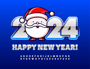 Vector funny Greeting Card Happy New Year with lovely Santa Claus. Stylish glossy Font, Modern Alphabet Letters and Numbers set