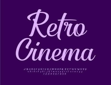 Vector artistic logo Retro Cinema. Calligraphic Font. Bright  Alphabet Letters, Numbers and Symbols