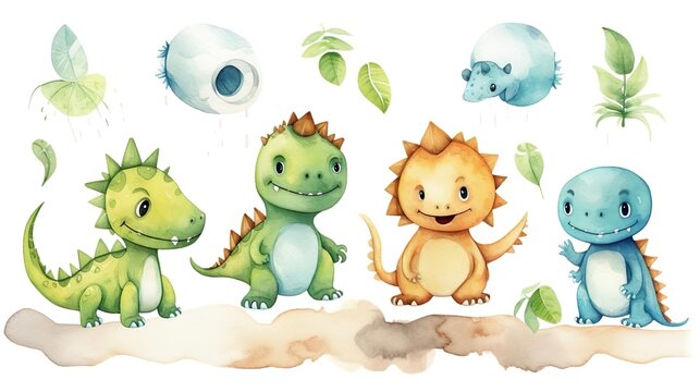Baby Dinosaurs watercolor illustration with cute