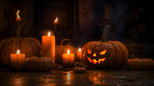 Halloween pumpkins and candlelight at night scary, Generative AI illustration