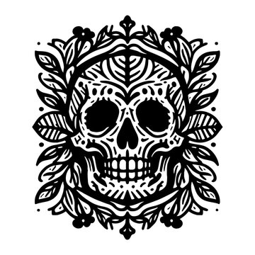 skull with decorative leaves elements