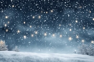 Snowy night with light garlands, falling snow, snowflakes, snowdrift for winter and new year...