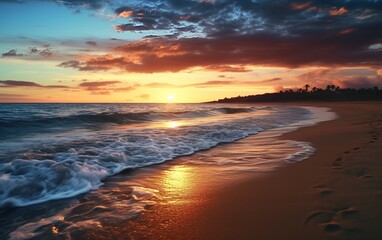 Naklejka na ściany i meble beautiful sunset over the ocean and beach