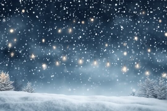 Snowy night with light garlands, falling snow, snowflakes, snowdrift for winter and new year holidays. Holiday winter landscape. Christmas vector background.generative ai.