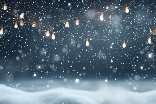 Snowy night with light garlands, falling snow, snowflakes, snowdrift for winter and new year holidays. Holiday winter landscape. Christmas vector background.generative ai.
