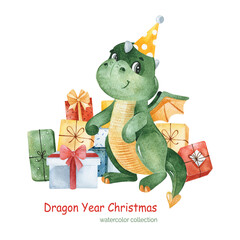 Watercolor winter illustration. Cute cartoon dragon with a huge pile of gift boxes. Symbol of the year 2024.Perfect for invitation,baby shower,print,textile,holiday,Christmas party,greeting.