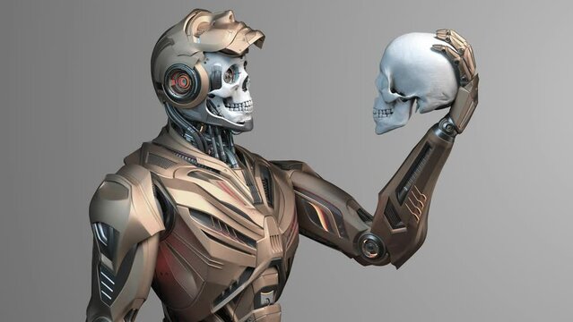 Futuristic robot man or humanoid cyborg holding and looking at a human skull. Side view of the upper body isolated on color background with alpha. 3d rendering animation