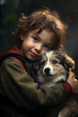Heartwarming bond between a child and their pet, as they share a tender moment, child with a dog
