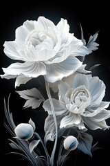 black and white abstraction of a peony flower, for design