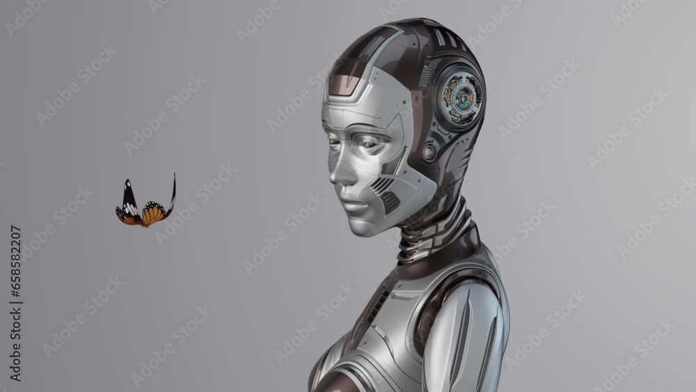 Poster detailed futuristic robot woman or cyber humanoid girl playing with a butterfly creating a contact w