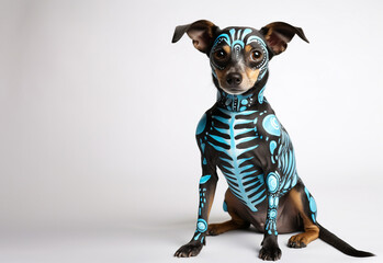 dog disguised as skeleton on a white background