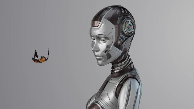 Detailed futuristic robot woman or cyber humanoid girl playing with a butterfly creating a contact with nature. Upper body isolated on grey or color background. 3d rendering animation with alpha - Powered by Adobe