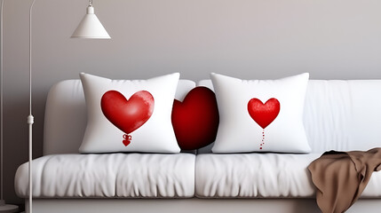 red and white pillows on the bed