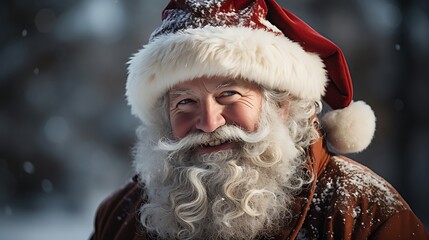 Portrait of a nice and friendly smiling happy old Santa Claus winter background with copy Space, Merry Christmas concept.