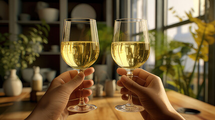 two hands holding glasses of champagne - obrazy, fototapety, plakaty