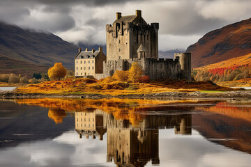 Naklejka na ściany i meble The iconic Eilean Donan Castle in the Scottish Highlands. Situated on a small tidal island where three lochs meet, Eilean Donan Castle is a symbol of Scotland's rich history and heritage. The castle's