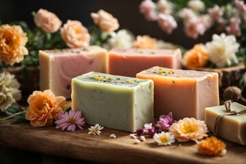 Handmade soap bars with flowers on wooden background.