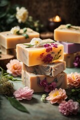 Fototapeta na wymiar Handmade soap bars with flowers on wooden background.