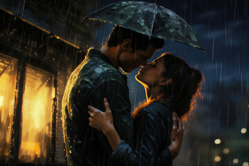 lovers kissing under the rain - obrazy, fototapety, plakaty