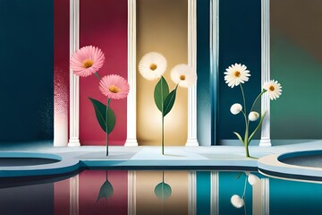 combination of vector illustration and flowers on multi color background, very beautiful eye catching background, serene colors  